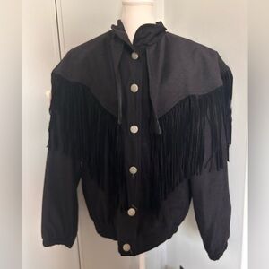 Vintage Black Fringe Western Button-Up Jacket with Embroidery Made in USA